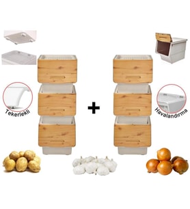 Motek Patateslik Soğanlık Sepeti Oyuncak Kutusu Tekerlekli Organızer Çok Amaçlı Kutu 6X12Lt-Bambu+Krem