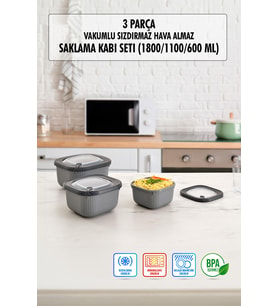 Kare 3 Parça Vakumlu Sızdırmaz Hava Almaz Saklama Kabı Seti Füme (1800/1100/600 Ml)