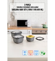 Kare 3 Parça Vakumlu Sızdırmaz Hava Almaz Saklama Kabı Seti Füme (1800/1100/600 Ml)