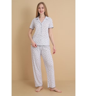 Mirano 1714 Çiçekli Pointel İnce Kumaş Düğmeli Kısa Kollu Kadın Pijama Takımı