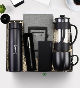 Kişiye Özel Siyah Touch Roller Kalem & Telefon Cepli Defter & Siyah Renk Powerbank & Siyah Mat Kupa & Siyah French Press & 500 ML Siyah Dereceli Termos Hediye Seti