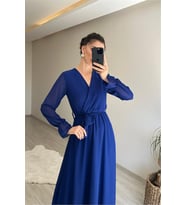 Neşeli butik kadın uzun kollu kuşaklı maxi şifon elbise NM001 (Saks)