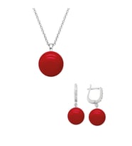 925 Ayar Gümüş Yuvarlak Model Kolye Küpe Mercan Taşlı Set 8 Mm