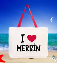 BK Gift I Love Mersin Renkli Kulp Kanvas Plaj Çantası 48x40m, Baskılı Omuz Çantası, Alışveriş Çantası (Kırmızı)