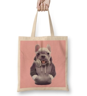 French Bulldog Puppy with Headphones Bez Çanta Uzun Saplı