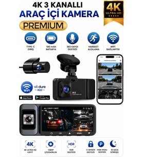 K02 Premium 3 Lens Araç İçi Kamera WiFi GPS 4K Ultra HD Ön Arka İç Kamera Gece Görüşü Park Modu DVR