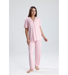 Kadın Kısa Kollu Dikey Çizgili Pijama Takım  Pembe