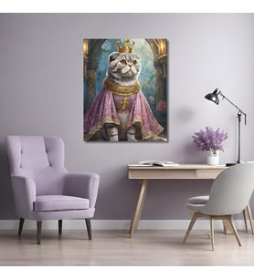 Tekli Dikey Kanvas Duvar Tablosu Prenses Kostümlü Scottish Fold Kedi