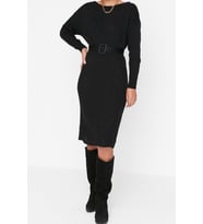 Moda Regular Casual Günlük Tek Plaka Triko Kayık Yaka Uzun Kol A-Line Midi Boy Elbise