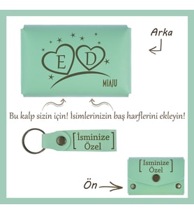 Açık Yeşil, İki Baş Harf, Tek Kalp! Sevgiliye Özel Kişiselleştirilebilir Cüzdan ve Anahtarlık Seti