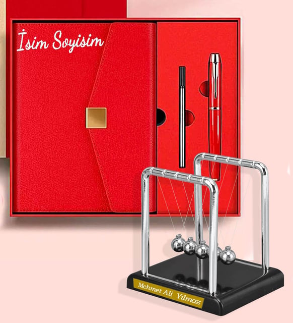 Kişiye Özel Organizerli Deri Ajanda & Özel Kalem & Newton Denge Topları Premium Hediye Seti