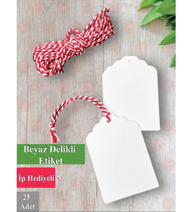 Beyaz Delikli Etiket Ürün Etiketi 25 adet / Kırmızı Beyaz  İp Hediyeli -  Davetiye İsim Etiketi - Not Kartı product tag-T948 (Renksiz)