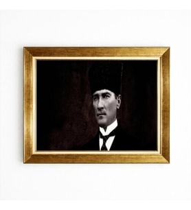 Tablore Altın Çerçeveli Kalpaklı Atatürk Portresi Tablosu Nostaljik Ofis Salon Duvar Tablosu