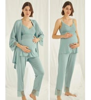 Monamise 18469 Yeşil Hamile Lohusa 3 Lü Pijama Sabahlık Tk