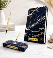 Kişiye Özel Siyah Mermer Tasarımlı Defter ve Kaideli İmza Kalemi Hediye Seti