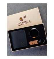 Kişiye Özel İsimli El Yapımı Hakiki Deri Siyah Cüzdan+Anahtarlık+Bileklik Hediyelik Set - Grain Fold