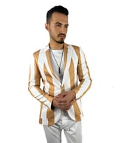 Bej Beyaz Şerit Desen Torba Cep Blazer Tek Ceket Slim Fit  Agustini