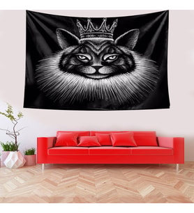 Kedi Desenli Sevimli Gözlüklü Kedi Leke Tutmaz Kadife Doku Kumaş Duvar Örtüsü Duvar Halısı Tapestry (Beyaz-Siyah)