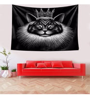 Kedi Desenli Sevimli Gözlüklü Kedi Leke Tutmaz Kadife Doku Kumaş Duvar Örtüsü Duvar Halısı Tapestry (Beyaz-Siyah)