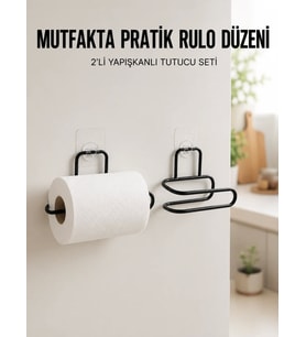 2’li Siyah Metal Rulo Kağıt Tutucu Yapışkanlı Banyo ve Mutfak Kağıtlık