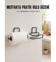 2’li Siyah Metal Rulo Kağıt Tutucu Yapışkanlı Banyo ve Mutfak Kağıtlık