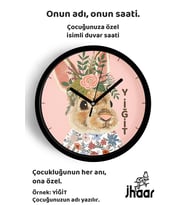 İsme Özel Sevimli Tavşan Çocuk Odası Duvar Saati Orta Boy 30 cm Siyah Camlı Sessiz