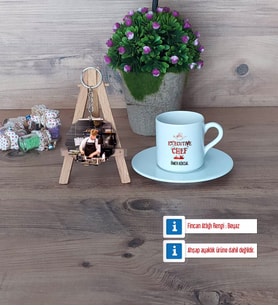 Aşçıya Hediye Türk Kahvesi Fincanı Ahşap Altlıklı ve Fotoğraflı Ahşap Anahtarlık Hediye (Model 2)