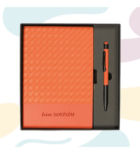 Akpınar Promosyon Premium Deri Görünümlü Defter & Kalem Hediye Seti (Turuncu)