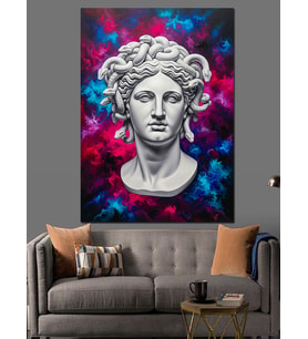 Antik Yunan Heykeli Başı Renkli Fon Dekoratif Kanvas - Mdf Ahşap Tablo