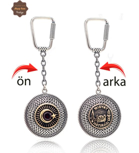 Yakut Taşlı Ayyıldız ve Midyat Hatırası Çift Taraflı Oksitli Gümüş Telkari Anahtarlık 201025172
