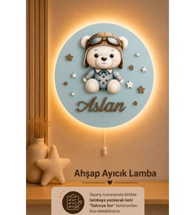 Ahşap Ayıcıklı Lamba İsme Özel Pilli Ledli Gece Lambası Bebek Çocuk Odası