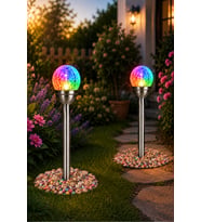 2 Adet Premium Paslanmaz Solar Bahçe Lambası, Aurora Efektli Kristal Cam Küre, Fotoselli RGB ve Beyaz Led Işık, Güneş Enerjili, Su Geçirmez, Dekoratif Peyzaj Aydınlatması, Taş Ve Deniz Kabuğu Hediyeli