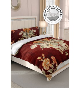 Lastikli Çarşaflı %100 Pamuk Saten Çift Kişilik Nevresim Takımı Glazed Bouquet