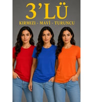 3’lü Kısa Kollu Bisiklet Yaka Basic Slim Fit T-Shirt - Kırmızı - Mavi - Turuncu