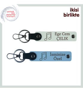 Gitarist Sevgiliye Tatlı Bir Sürpriz, Nota Temalı Deri Anahtarlık Takım, İsim Yazdır, Beyaz-Gök Mavi