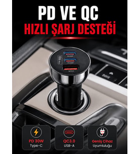 3 Portlu Araç İçi Şarj Adaptörü Çift PD Type-C ve QC3.0 USB Çıkışlı