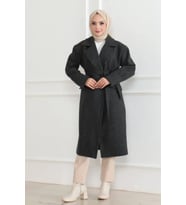 Kaşe Kaban Uzun Boy 115 Cm Kruvaze Yaka Kuşaklı Astarlı Tesettür Kaban Yünlü - Siyah