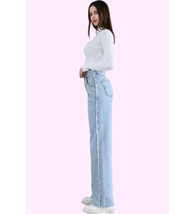 Kadın Denim Straight Jean Pantolon Yüksek Bel Uzun Boy Pamuk Günlük Yaz Aylarının Vazgeçilmezi (Mavi)
