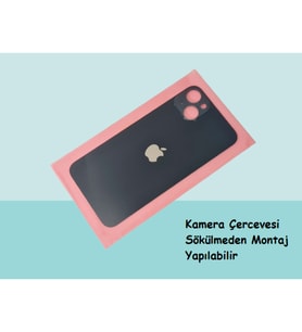 Tkgz - iPhone 14 PLUS Arka Pil Batarya Kapağı - Cam kapak Geniş Lens Deliği - SİYAH