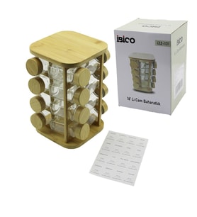 16PCS KARE - DÖNER STANDLI CAM - BAMBU KAPAK TUZLUK - BAHARATLIK BAMBU STAND