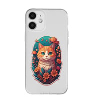 Iphone 12 Uyumlu Çiçek ve Kedi Tasarımlı Şeffaf Telefon Kılıfı
