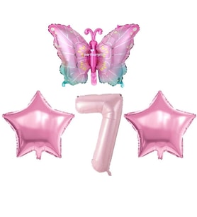 Pembe Kelebekli 7 Yaş Folyo Balon Set
