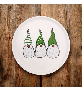 Yılbaşı mini cüceler desenli porselen yuvarlak mini sunum tabağı (Orman Yeşili)