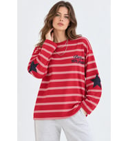 Kadın Oversize Paris Baskılı Çizgili Bisiklet Yaka Sweatshirt - Kırmızı