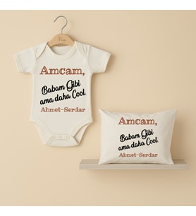 Pia Baby B24 %100 Pamuk Amcam Babam Gibi Ama Daha Cool Yazılı İsme Özel Bebek Body Ve Yastık Kılıfı (Ekru)