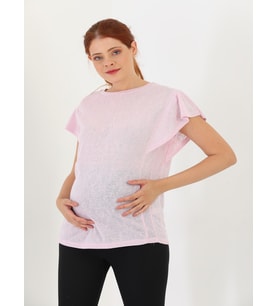 Hamile Kolu Fırfitlı Yumuşak Kumaş T-shirt (Pembe)