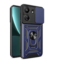 Xiaomi Poco C65 Kılıf Yüzüklü Standli Sürgülü Kamera Korumalı Tank Sert Silikon Kapak (Mavi)