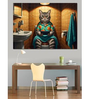 Tuvalette Gazete Okuyan Modern Kedi Dekoratif Kanvas - Mdf Ahşap Tablo