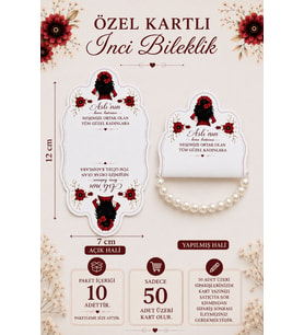 10 Adet - Özel Kesim Kartlı İnci Bileklik - Kına Hediyesi - Nişan Hediye - Lastikli Bileklik & Toka