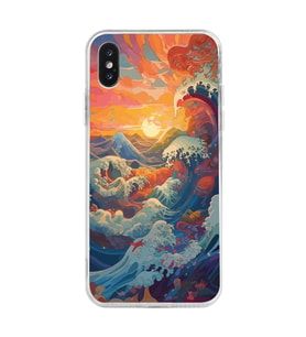 Iphone X ve XS Uyumlu Kanagawa Dalga ve Doğa Tasarımlı Şeffaf Telefon Kılıfı